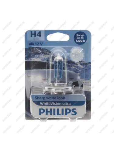 Лампа 12V H4 6055W P43t-38 4200K блистер (1шт.) White Vision Ultra PHILIPS