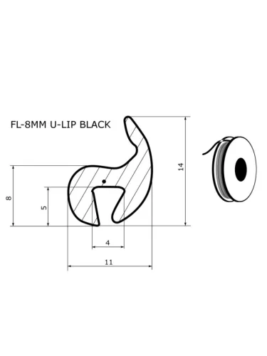Молдинг универсальный  жесткий профиль U-LIP. Бухта 30м.(цена за 1метр) FL-8MM U-LIP BLACK