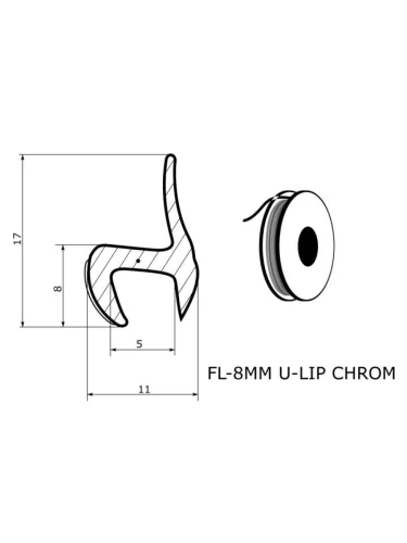 Молдинг универсальный профильжесткий U-LIP хромированная полоса. Бухта 30м.(цена за 1метр) FL-8MM