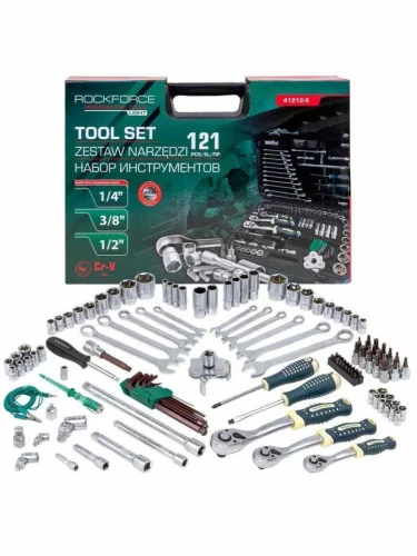 Набор инструментов 121 предмет слесарно-монтажный 12",14", 38" 6-ти гран в кейсе ROCKFORCE