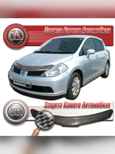 Дефлектор капота Шелкография карбон серебро Nissan Tiida правый руль 2004-2012