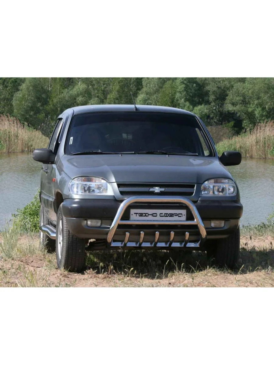 Защита переднего бампера (низкий с дополнительной защитой двигателя) (d63.5) Техно Сфера Лада ВАЗ 2123 (Нива Шевроле) дорестайлинг (2002-2008) (нержавейка)  с доставкой в г. Керчь