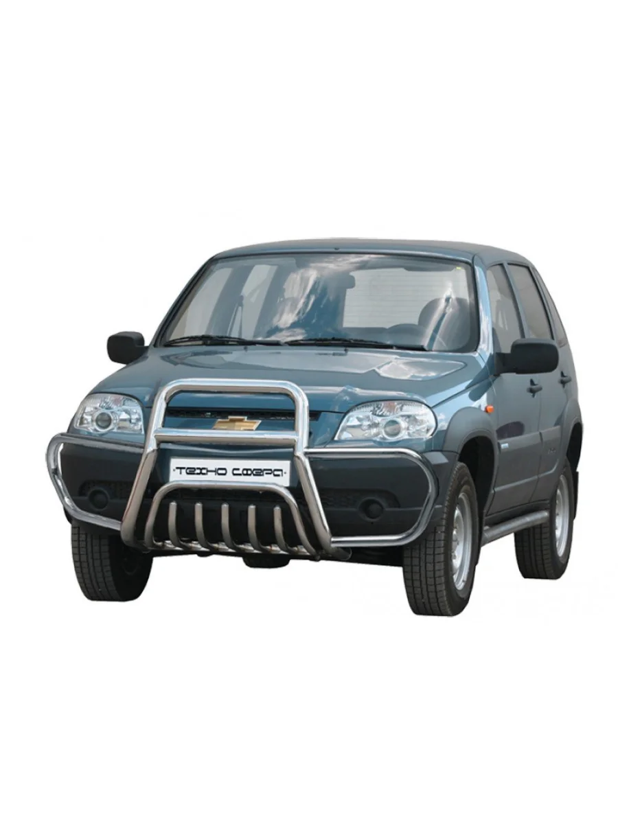 Передок (с трубой сверху с ушами с дополнительной защитой двигателя) (d63.5) Техно Сфера Chevrolet Niva 2123 дорестайлинг (2002-2008) (нержавейка)  в Керчи Республика Крым