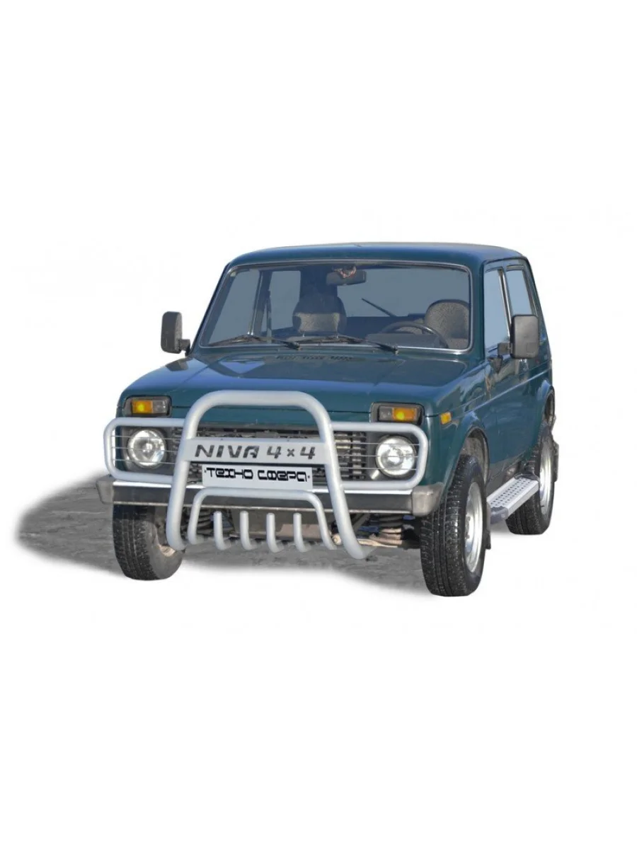 Передок (с прямыми ушами с дополнительной защитой двигателя) (d63.5) Техно Сфера Лада ВАЗ Нива 4х4 2121 3 дв. дорестайлинг (1977-2019) (Черный матовый)  в Самаре Самарской области