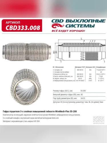 Гофра глушителя 50x200 в 3-ой оплетке CBD