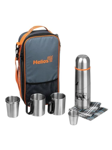 Набор для пикника HELIOS Prival на 2 персоны с термосом+2 термокружки, серый  brand: HELIOS, tsvet: Серебристый, width_mm_2: 90, dlina_mm: 200, ves_kg_1: 1.2, material: Пищевая нержавеющая сталь, vysota_mm: 385