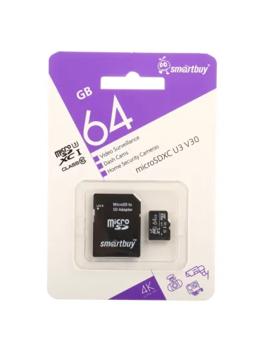 Карта памяти 64GB MicroSD class 10 + SD адаптер SMARTBUY