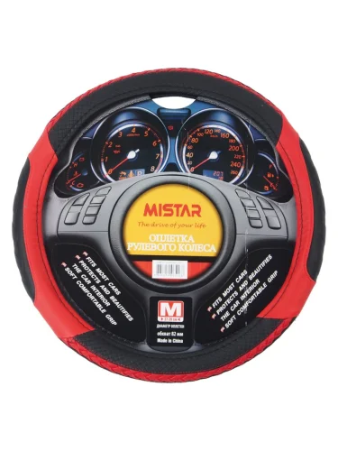 Оплетка руля (M) 37-39см черная с красными вставками косичкой MISTAR