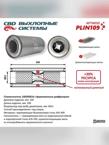 Пламегаситель d=62 L=290 с диффузором нержавеющая сталь CBD